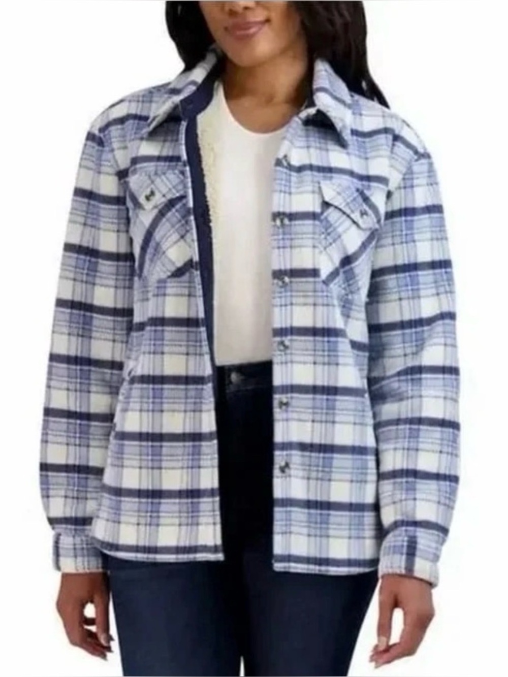 Sage Collective Blue Plaid Sherpa Lined Shacket Jacket L - Picture 10 of 11